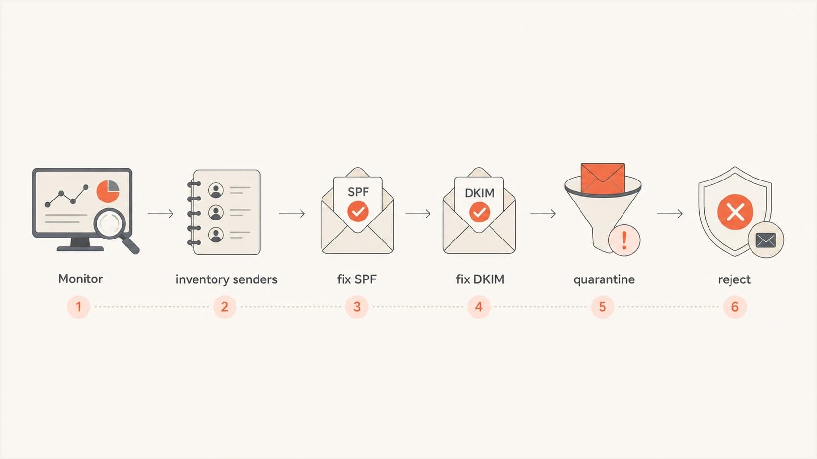 A DMARC rollout flow from monitoring to reject.
