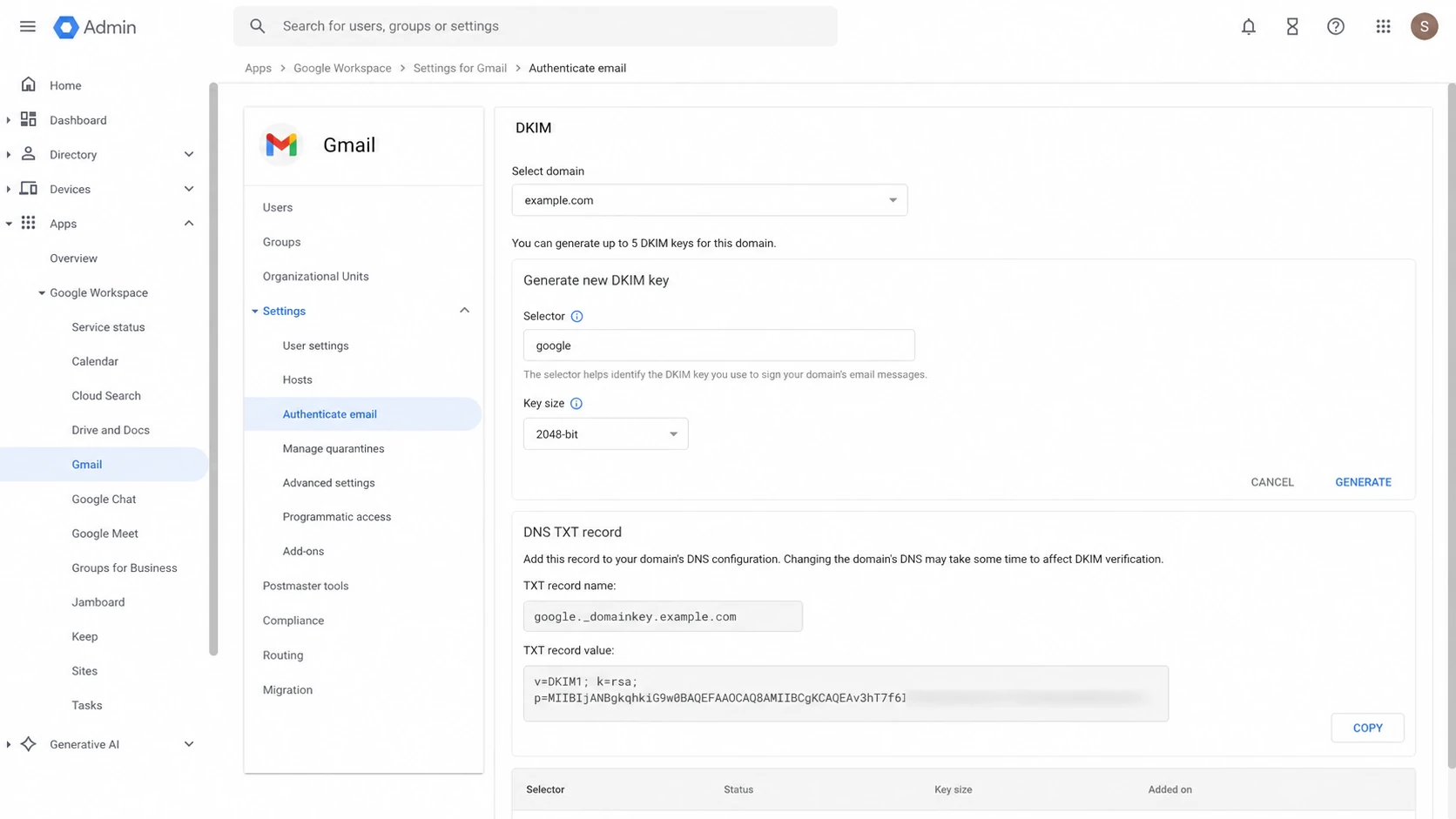 Google Admin Console DKIM setup screen showing a selector field.