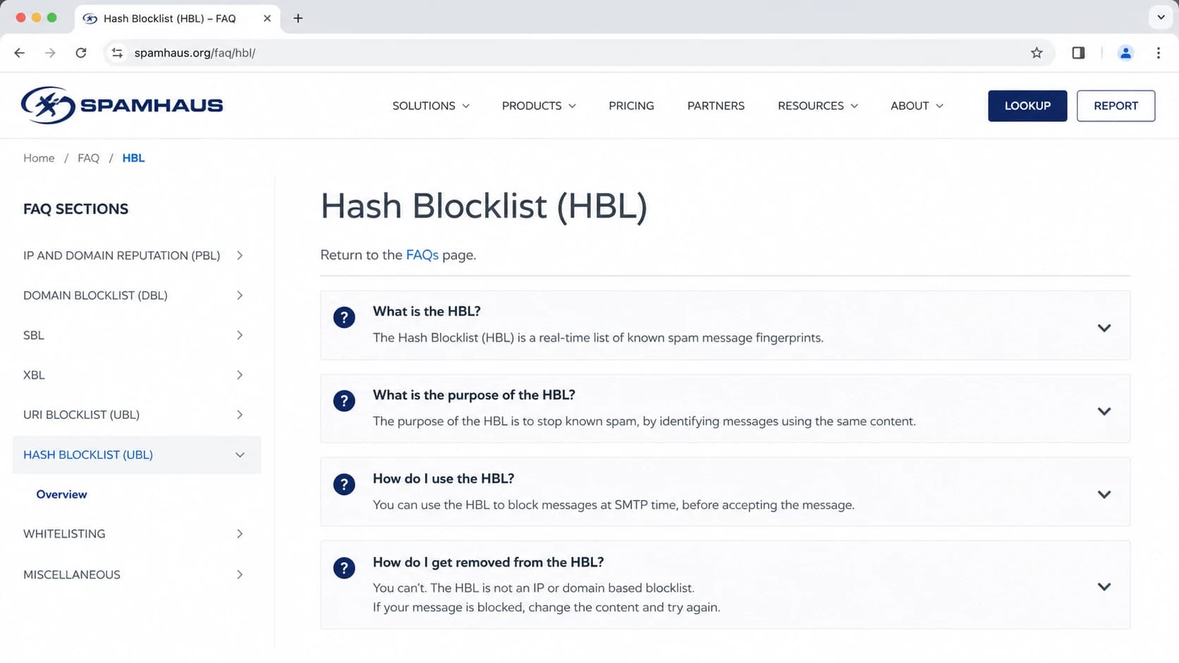 Screenshot-style view of the Spamhaus HBL FAQ page.