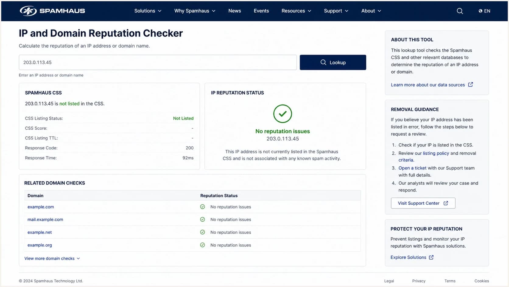 Spamhaus reputation checker screen with a CSS result for an IP address.