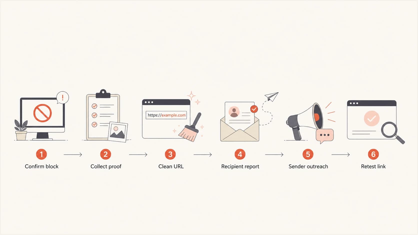 A six-step flowchart for confirming, reporting, and retesting an SFR link block.