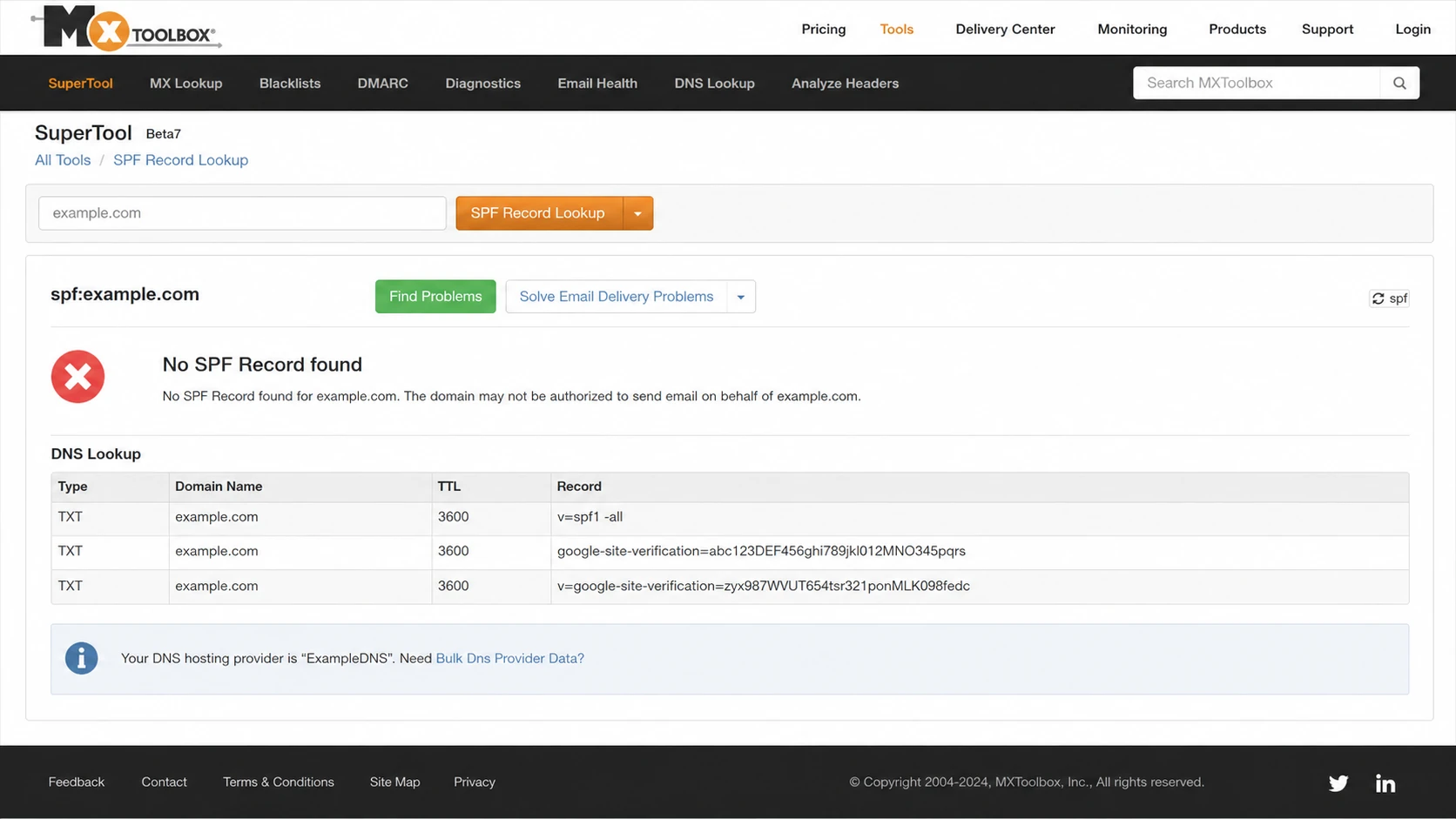 MXToolbox SPF lookup screen showing no SPF record found for a checked domain.