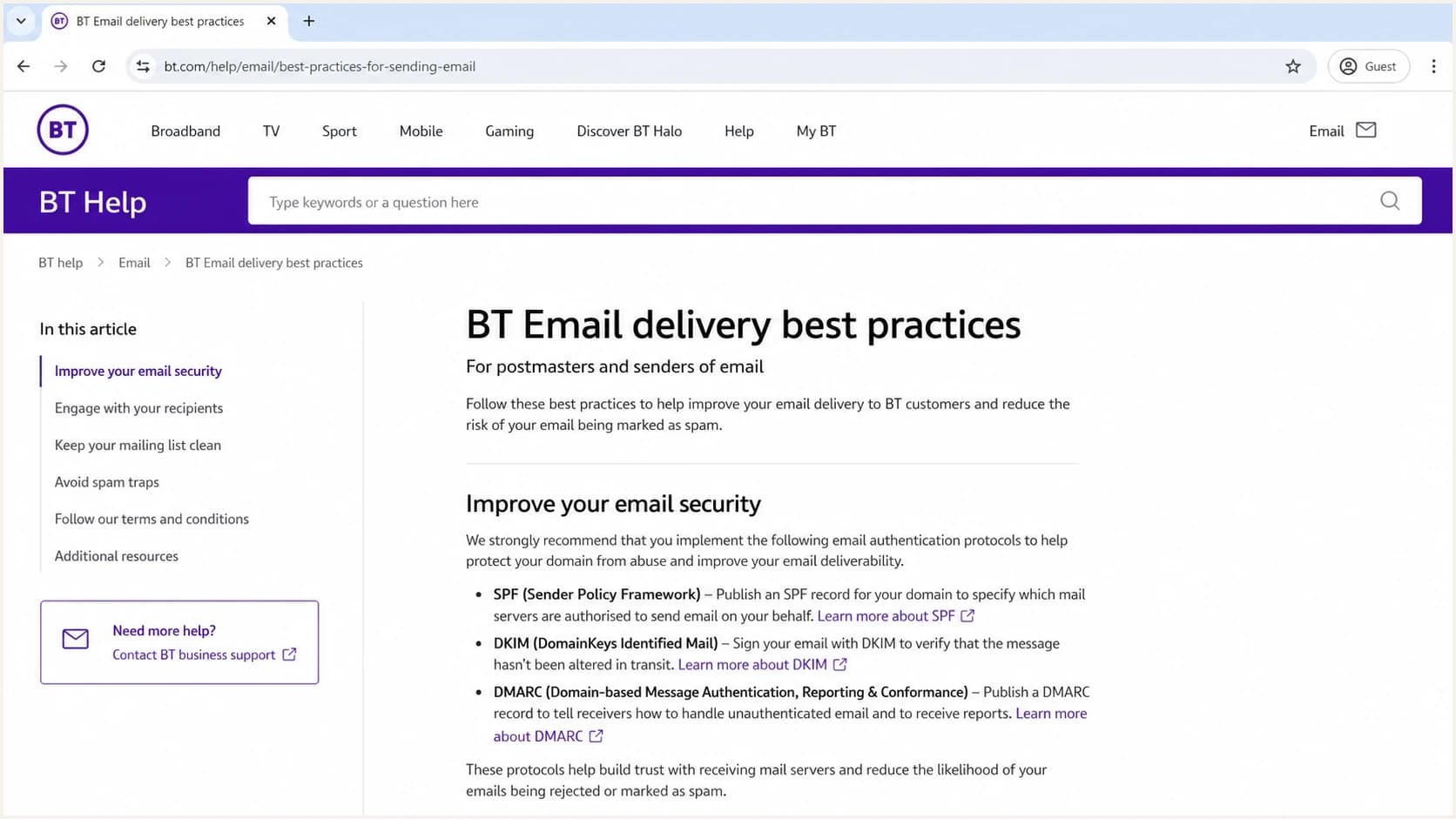 BT Help page showing email delivery best practices for senders.
