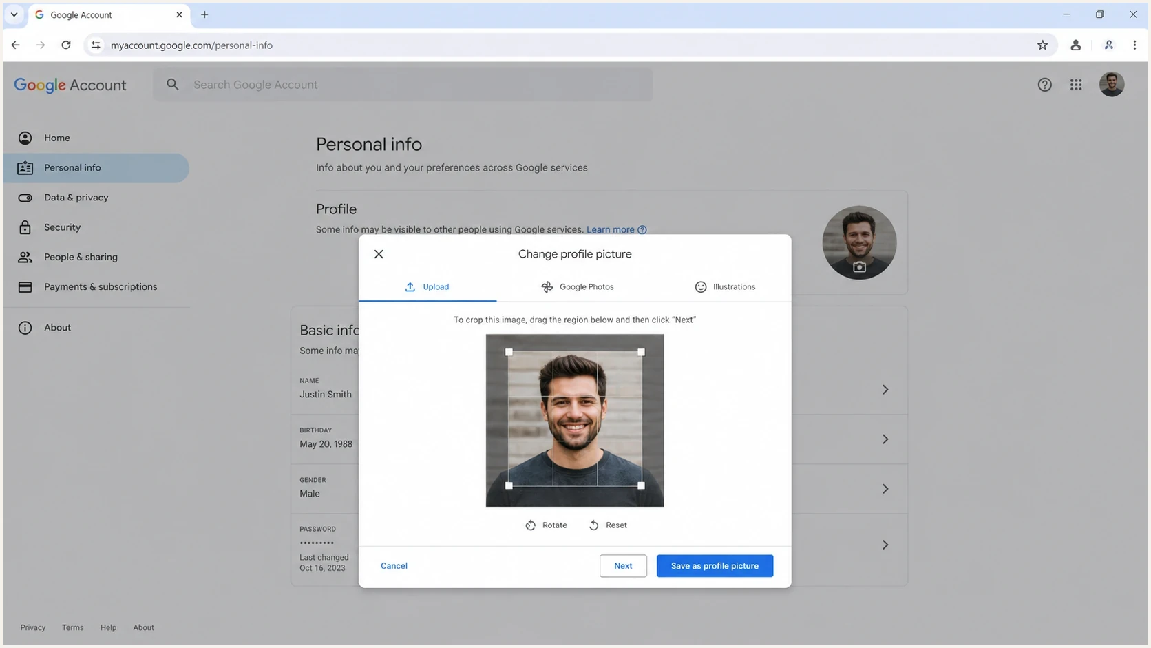 Google Account profile picture picker with upload and crop controls.