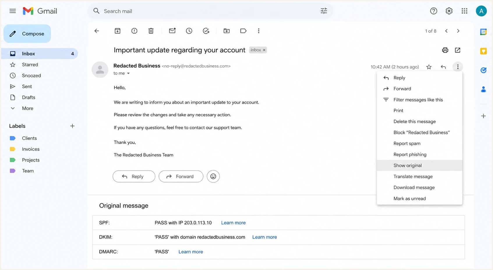 Gmail message menu and original message summary showing SPF, DKIM, and DMARC results.
