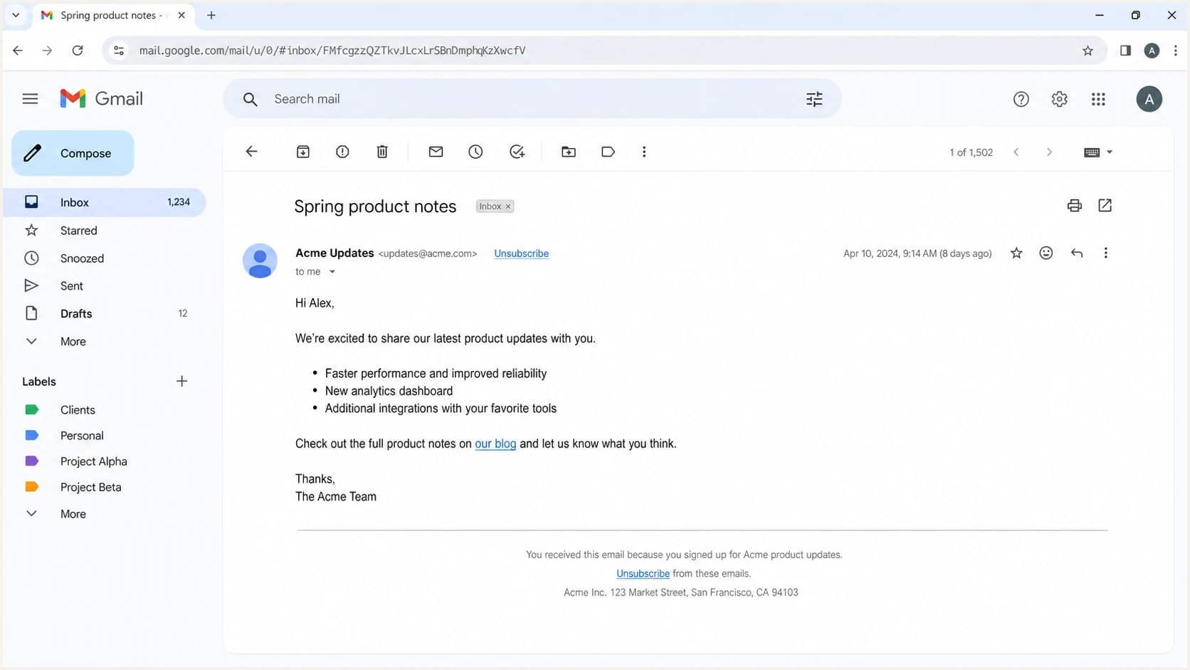 Gmail message view showing old unsubscribe links that can still be clicked after a migration.