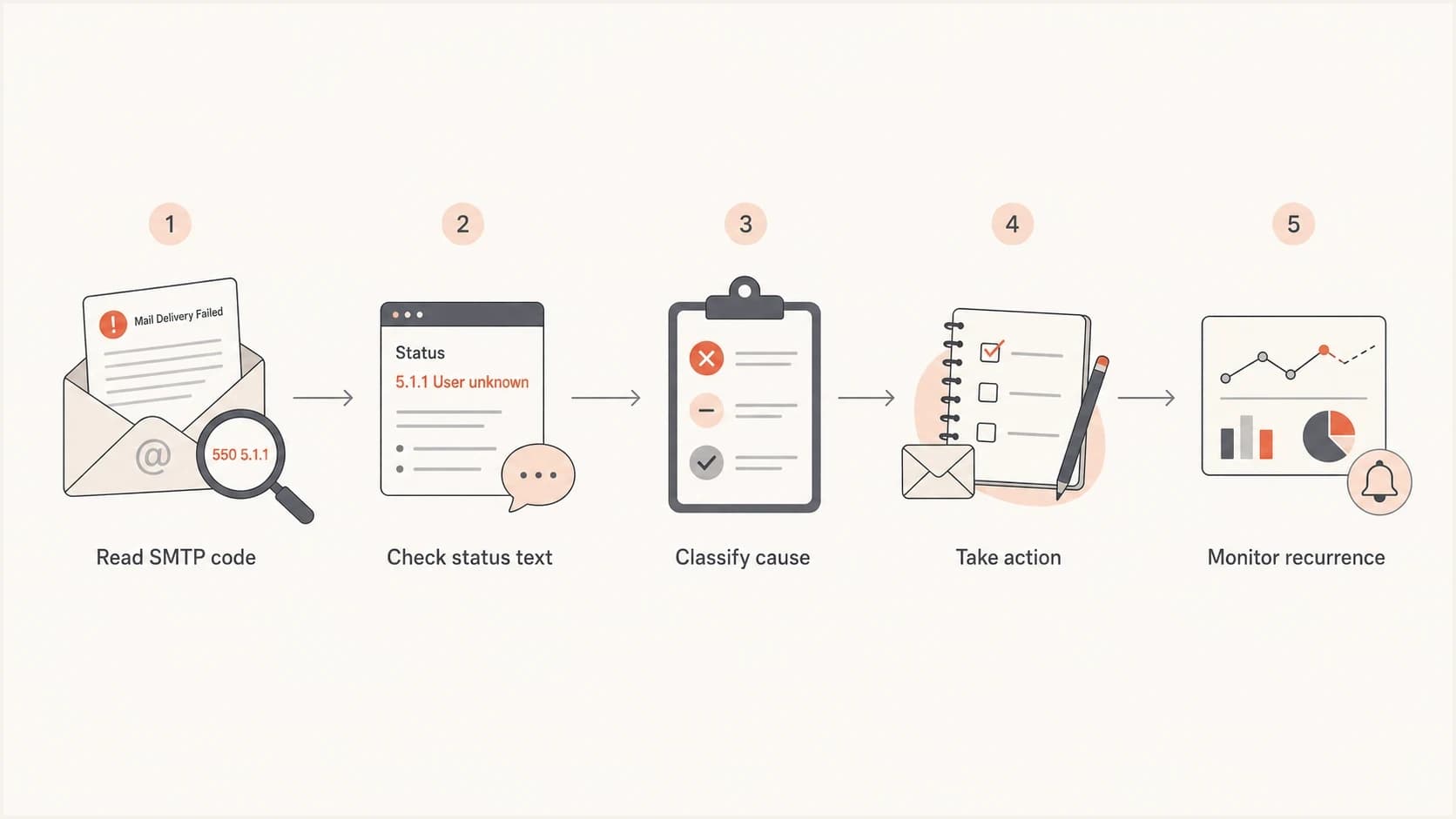Flowchart showing how to interpret a bounce from SMTP code to action.