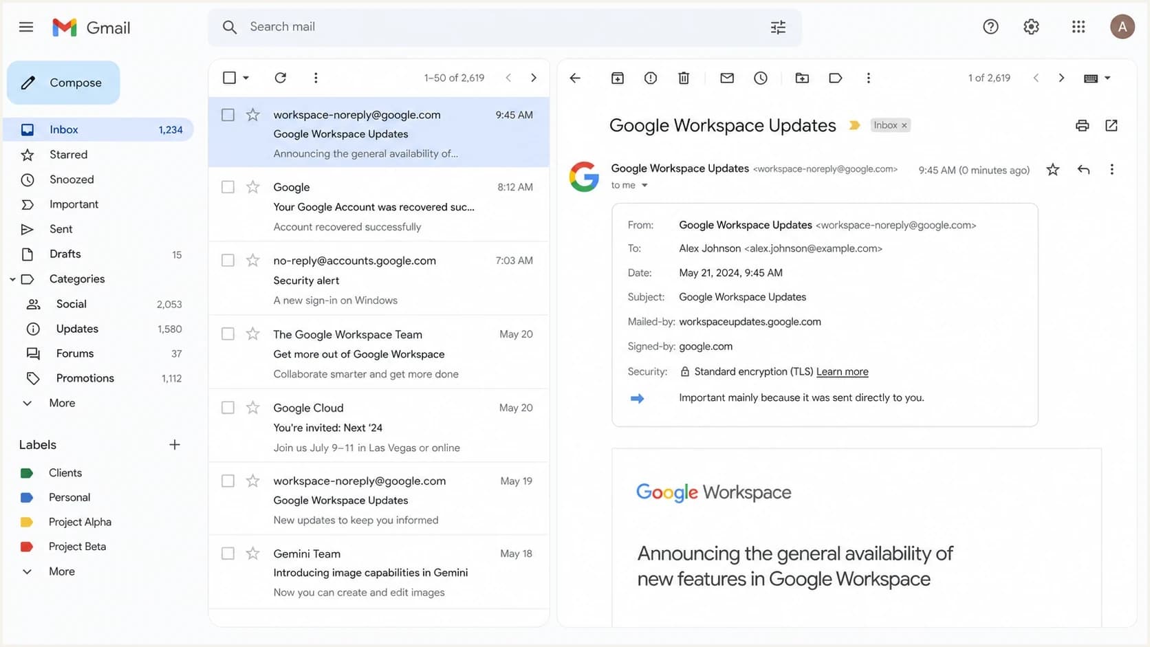 Gmail inbox showing an email address while message details contain a display name