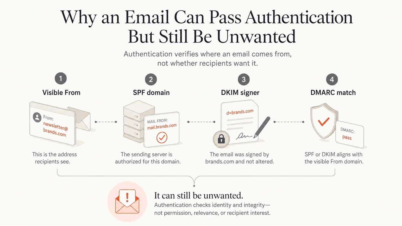 Four authentication identity checks: visible From, SPF domain, DKIM signer, and DMARC match.