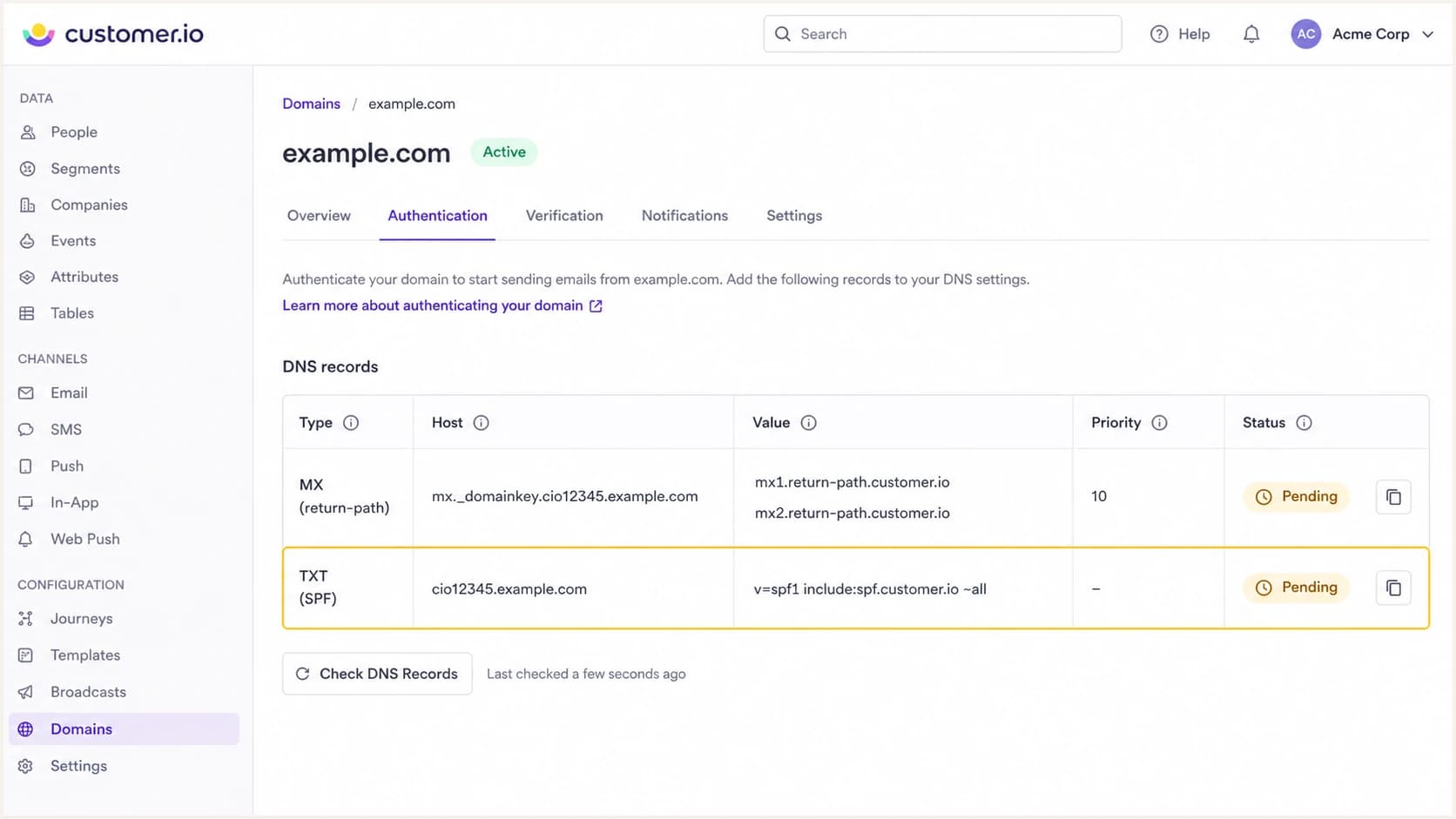 Customer.io authentication screen showing SPF and return-path records.