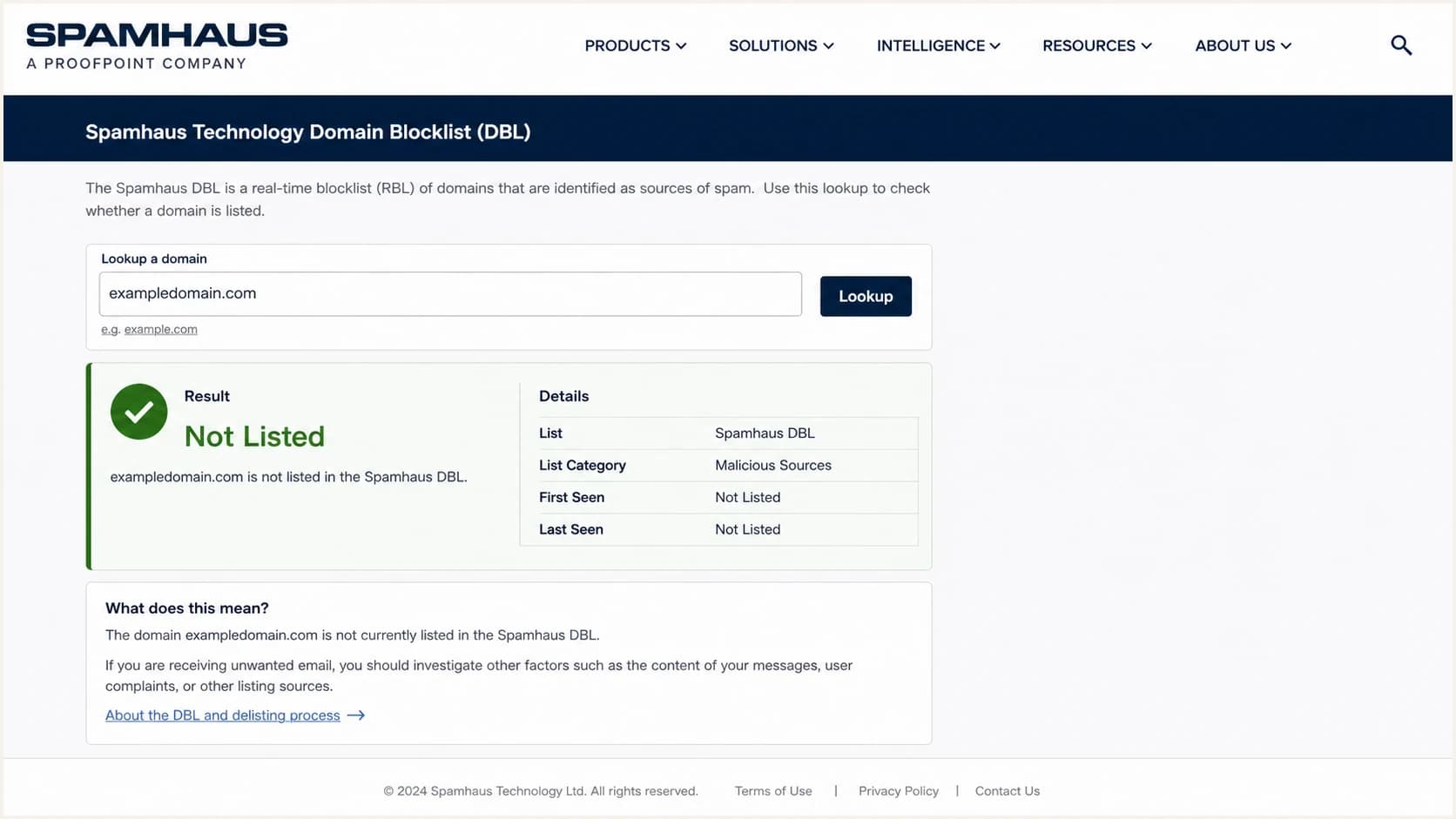 Spamhaus DBL lookup interface showing a domain blocklist result for URL reputation.