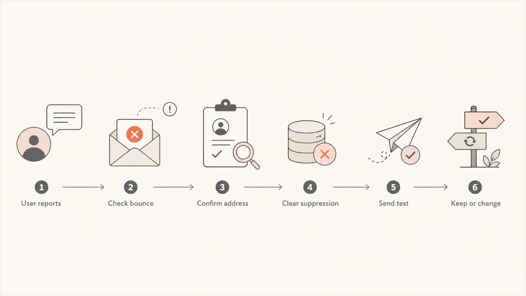 Flowchart showing the support path from bounce review to address change.