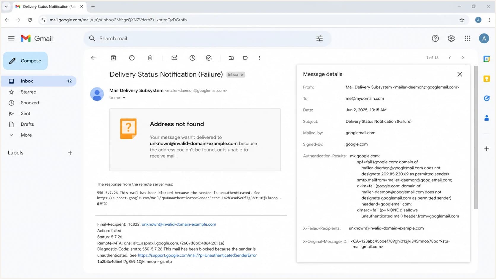 Gmail bounce details showing DMARC failure and X-Failed-Recipients.