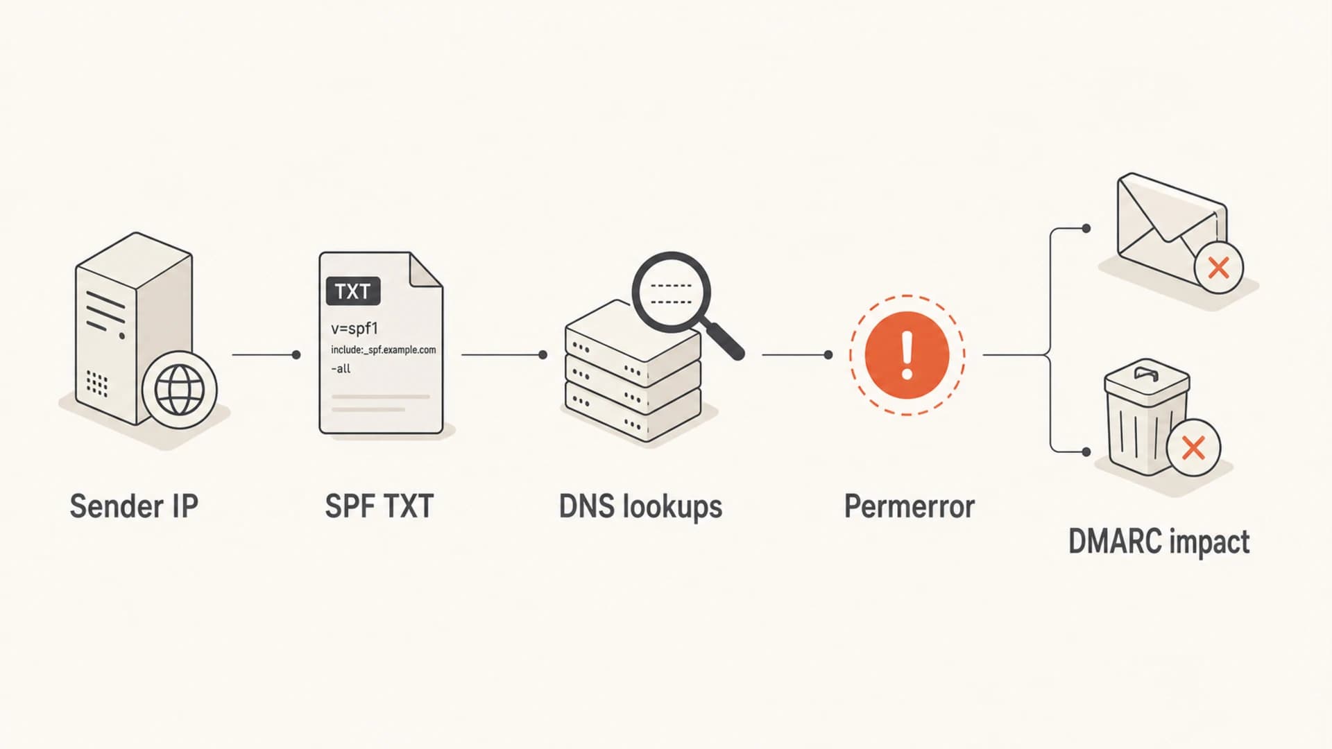 SPF evaluation moving from sender IP to DNS lookups, permerror, and DMARC impact.