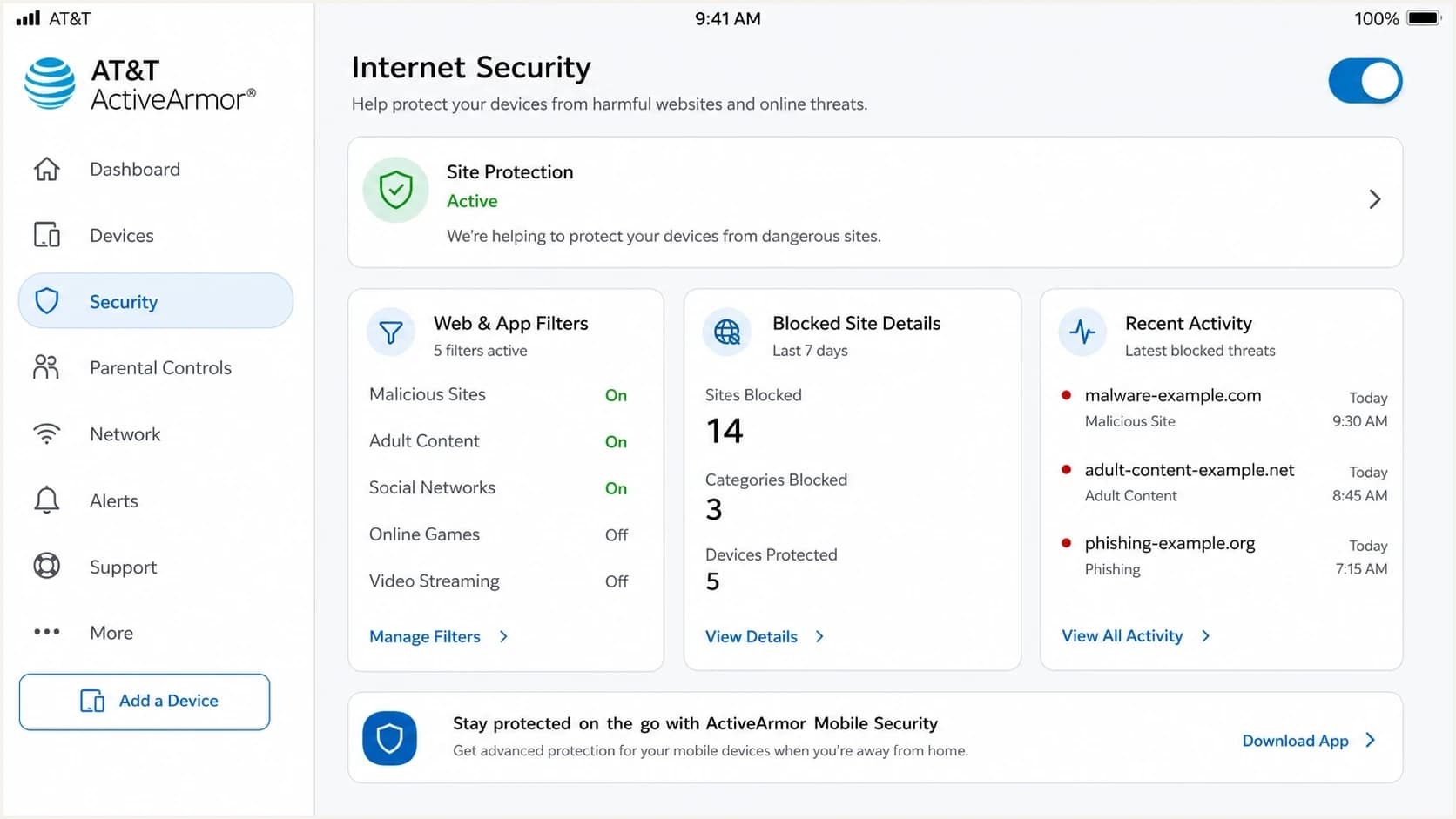 AT&T ActiveArmor settings screen showing web filtering and blocked activity.