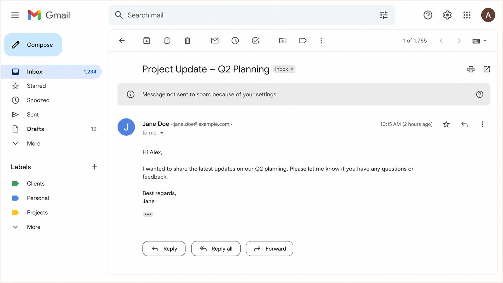 Gmail message view with a grey warning banner above an email