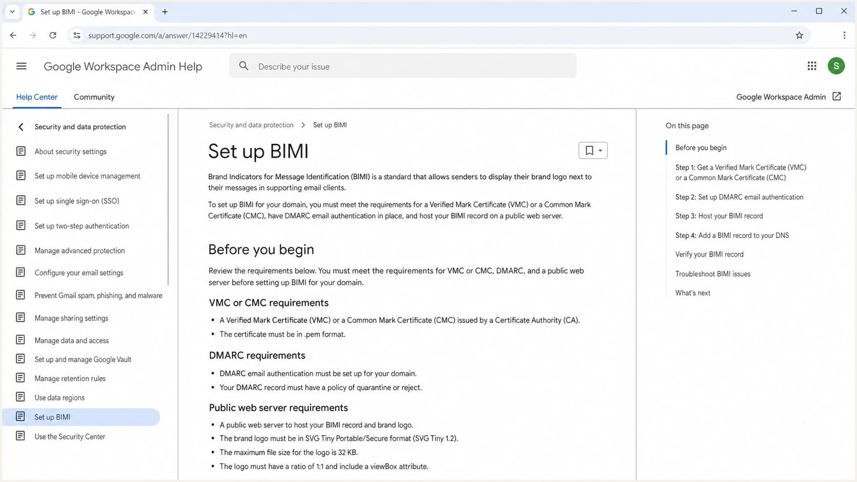 Google Workspace Help page showing BIMI setup requirements including VMC or CMC.
