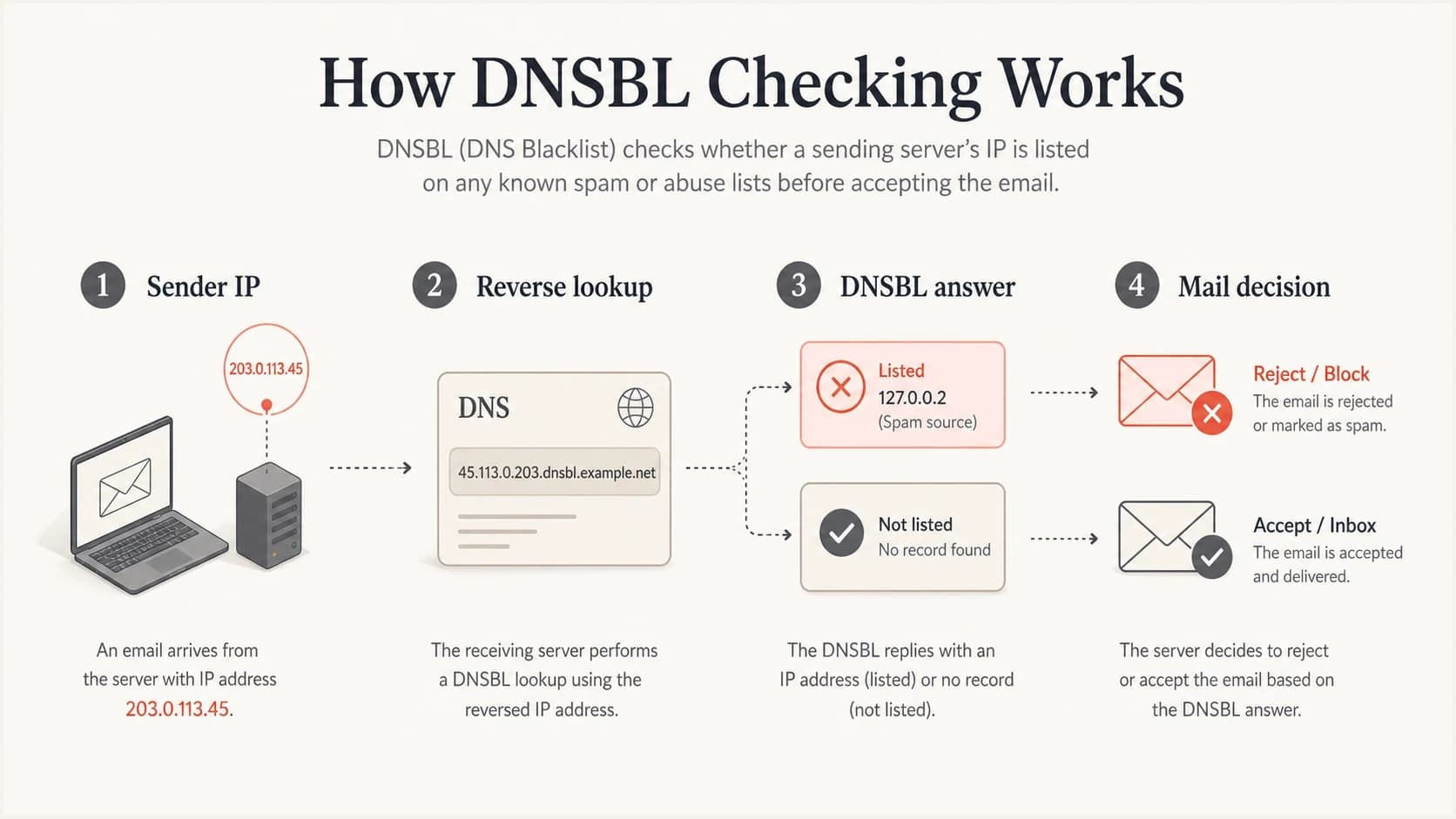 DNSBL checking flow from sender IP to mail decision.