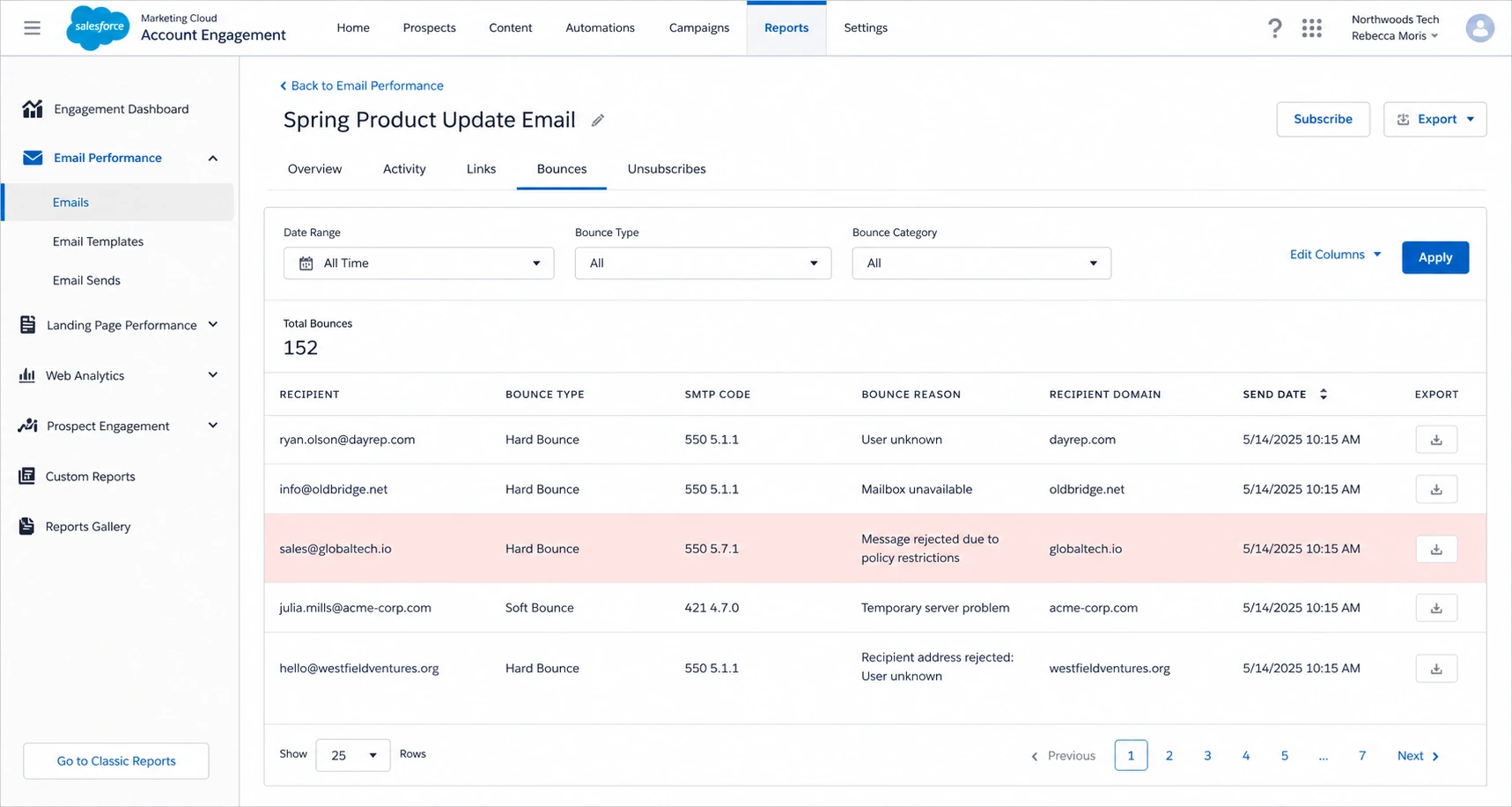Salesforce Marketing Cloud Account Engagement bounce report with SMTP code and reason fields.