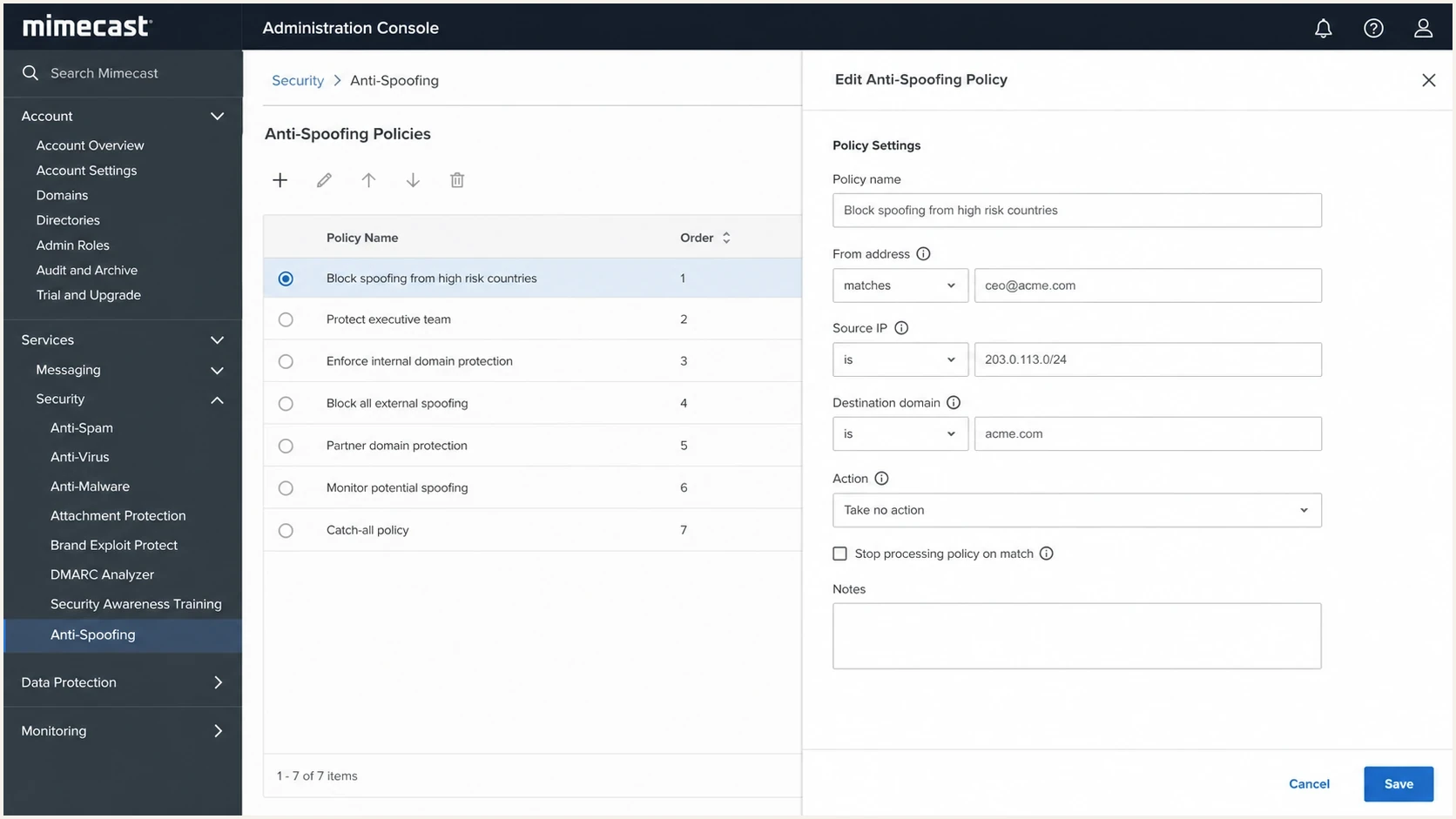 Mimecast Anti-Spoofing policy screen with sender and action fields.