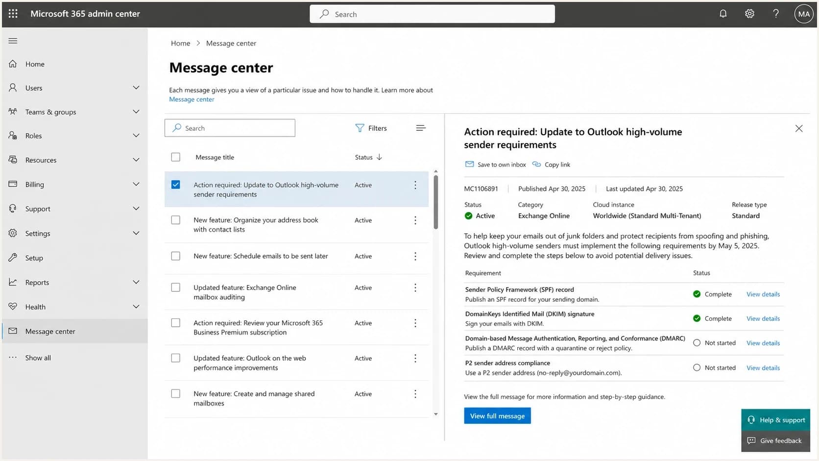 Microsoft 365 admin center Message center notice about Outlook sender requirements.