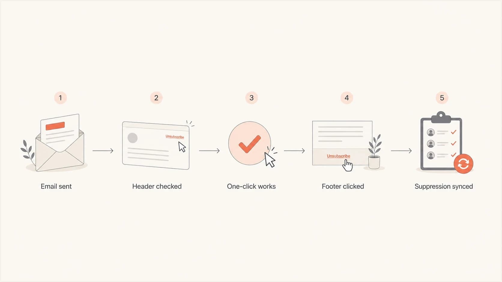 Flowchart showing email send, header check, one-click unsubscribe, footer click, and suppression sync.