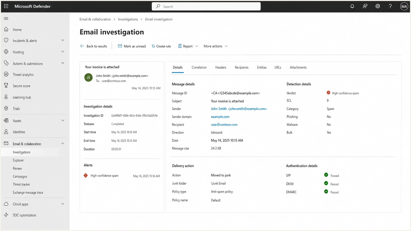 Microsoft Defender portal message details showing SCL 9 for an authenticated inbound email.