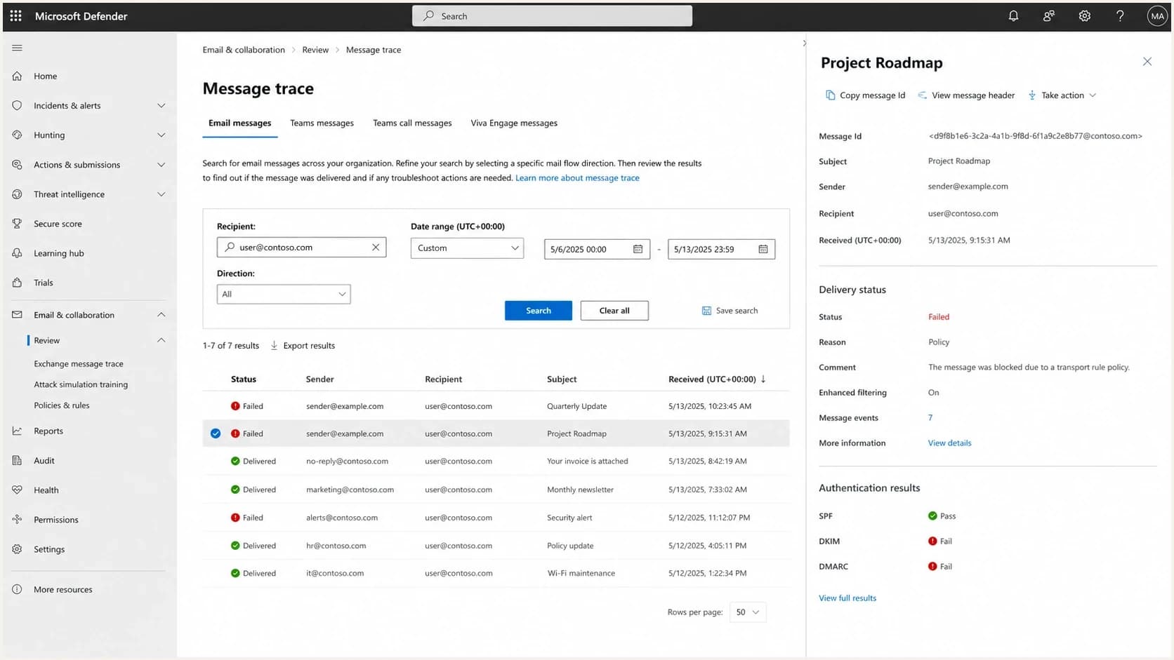 Microsoft Defender portal message trace screen for checking delivery failures