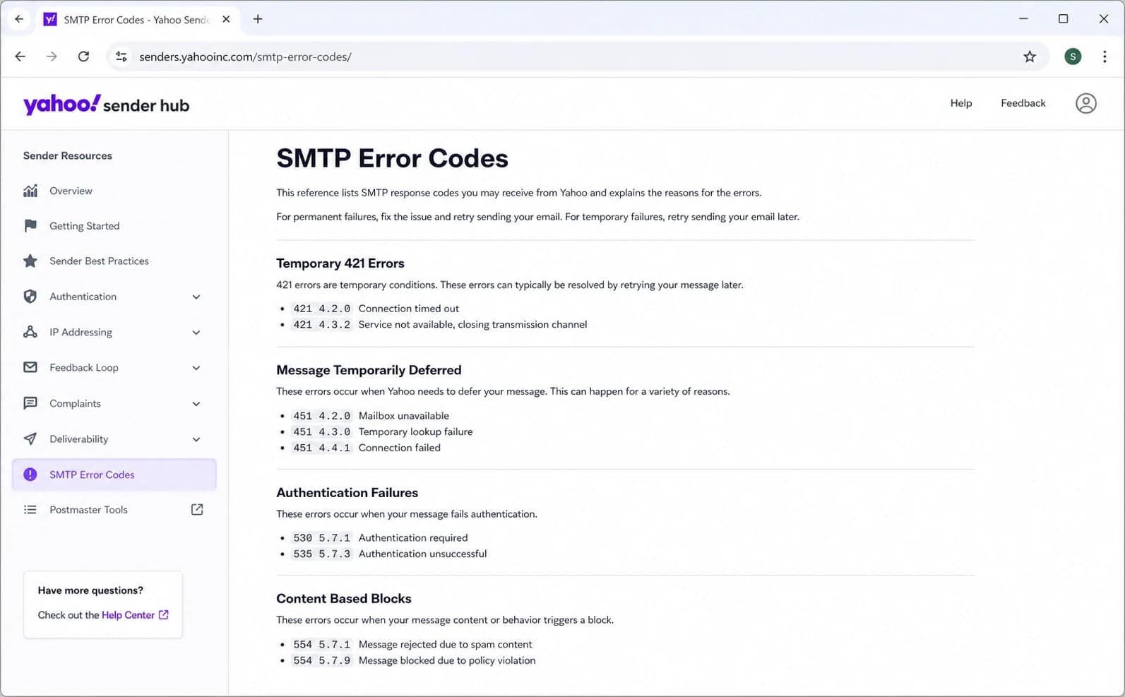 Yahoo Sender Hub SMTP error codes page.