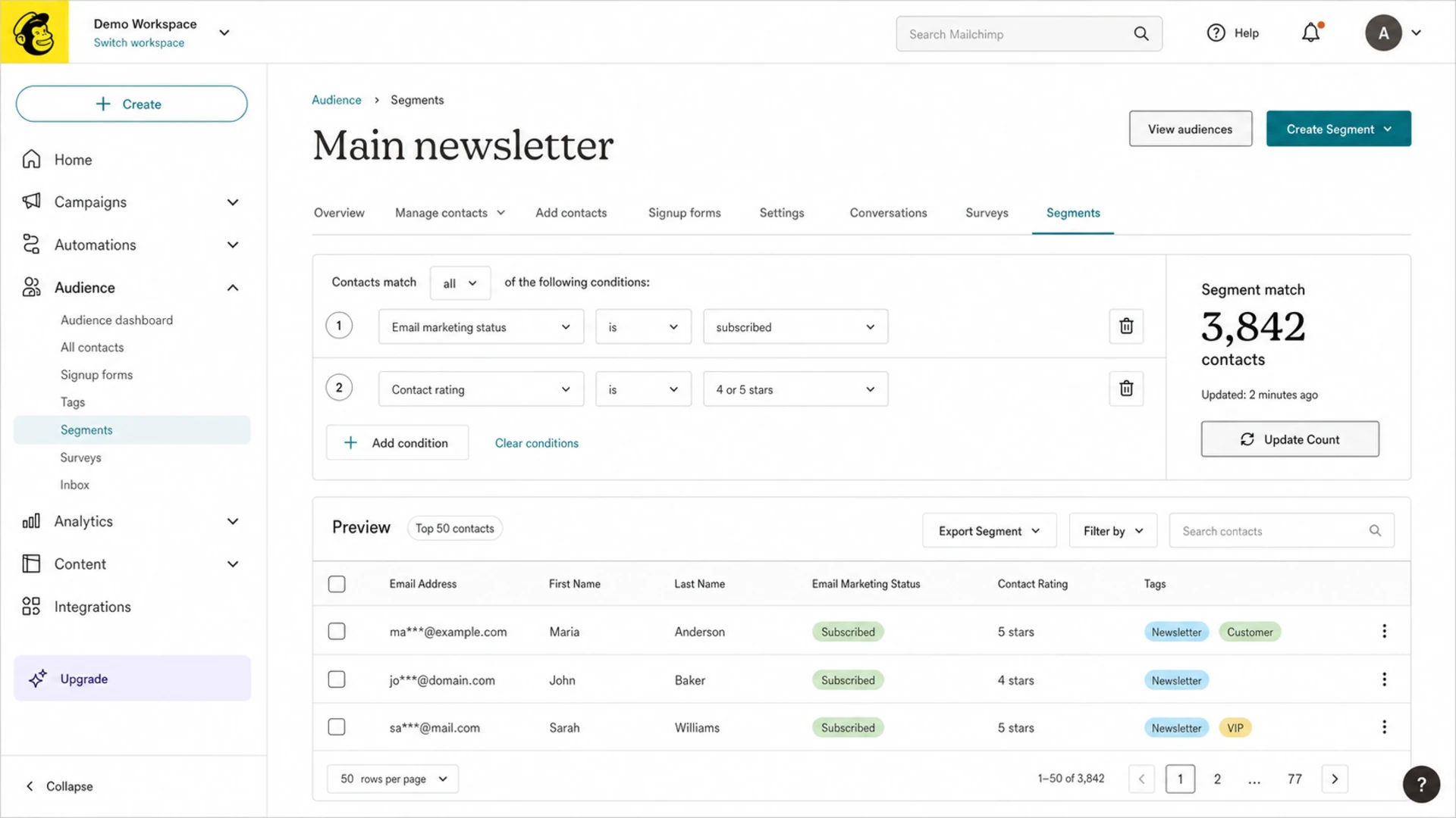 Mailchimp audience segment screen showing a recent-engager segment for a first migration send.
