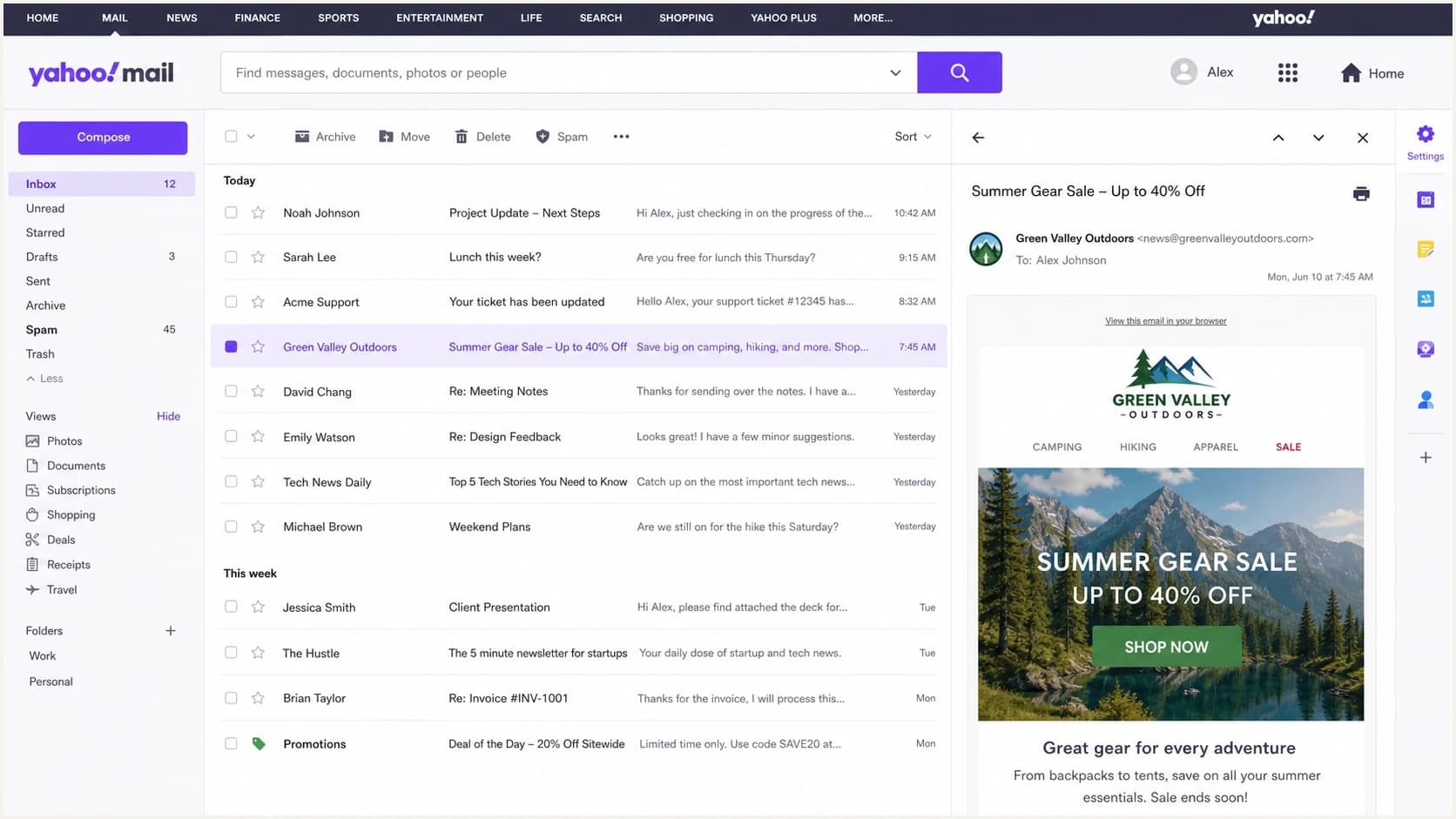 Yahoo Mail inbox view with inbox and spam placement signals