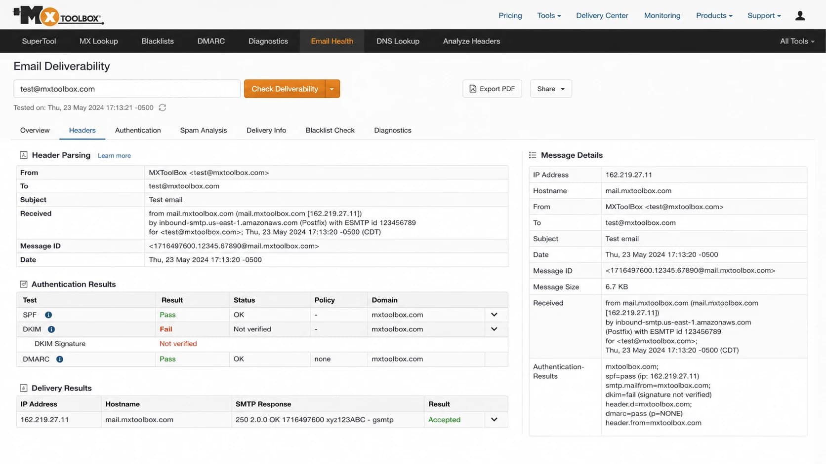 MXToolBox email deliverability screen showing a DKIM signature not verified result.