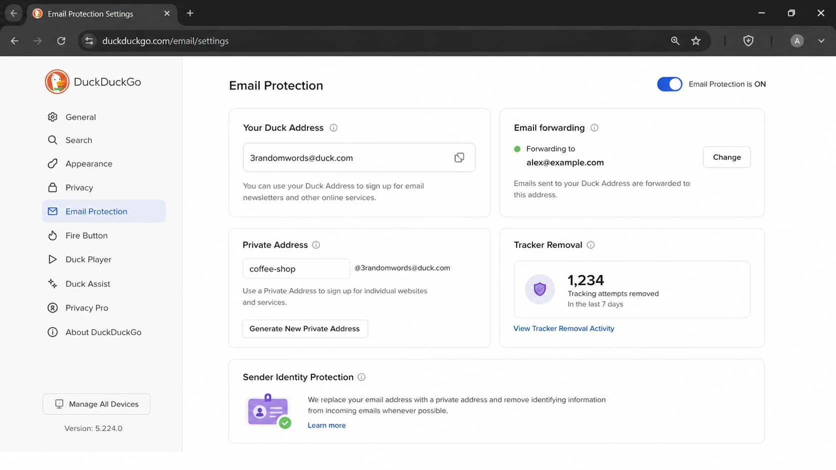 DuckDuckGo Email Protection screen with Duck Address and forwarding settings.
