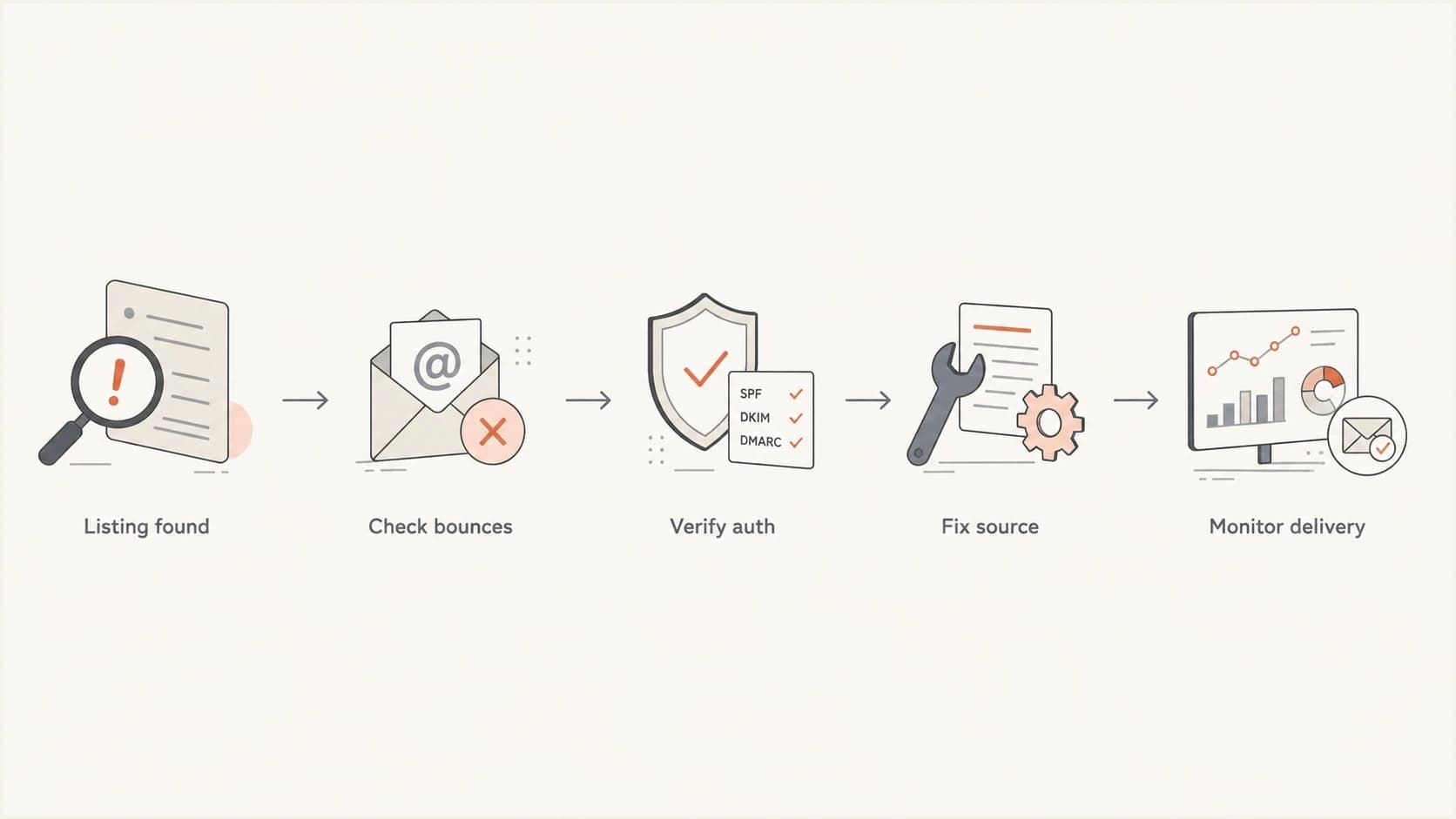 Flowchart for checking bounces, authentication, source quality, and delivery after a UCEProtect listing.