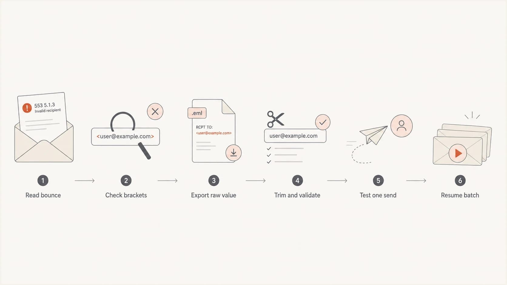 A flowchart for triaging Gmail 553 5.1.3 invalid recipient address bounces.