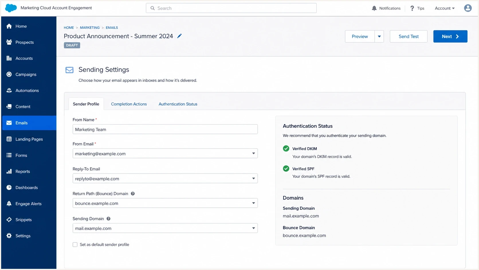 Salesforce Marketing Cloud Account Engagement email settings showing verified sending configuration.