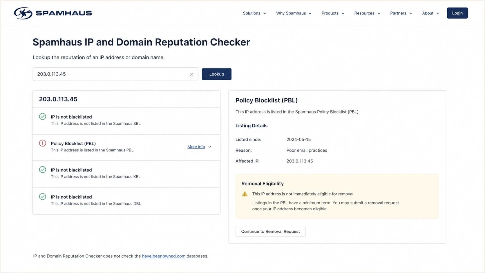 Spamhaus IP and Domain Reputation Checker screen showing a PBL result.