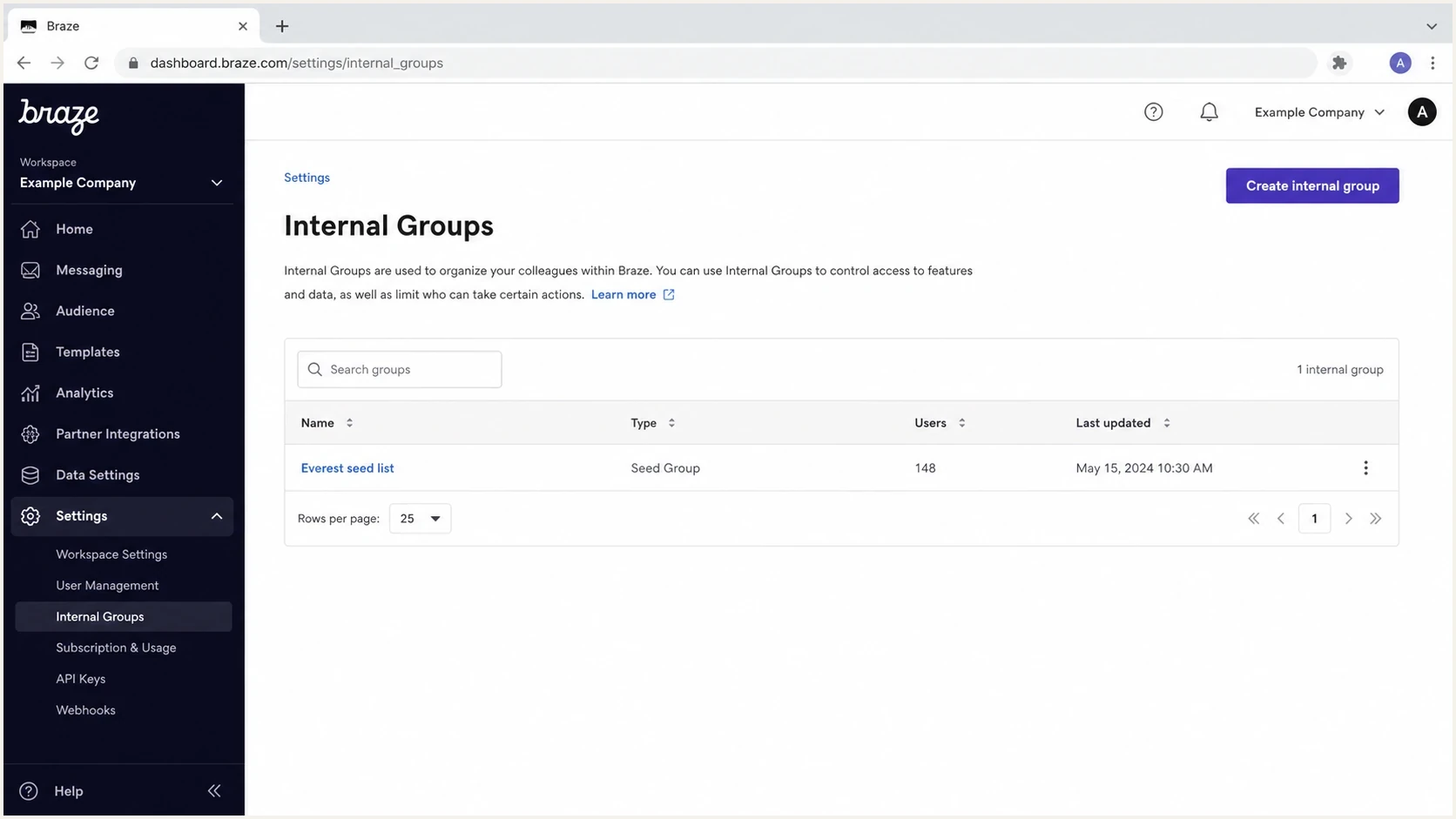 Example Braze Internal Groups page with an Everest seed list tagged as a Seed Group.