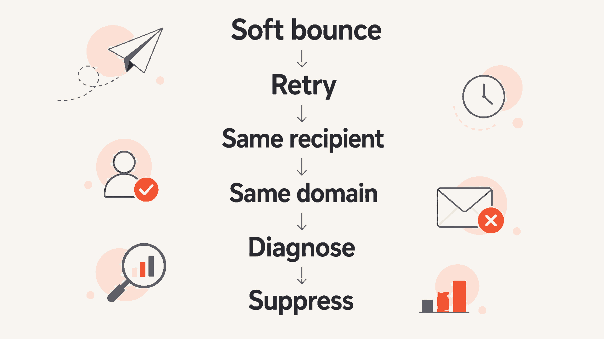 Flowchart for retrying, diagnosing, and suppressing repeated soft bounces.