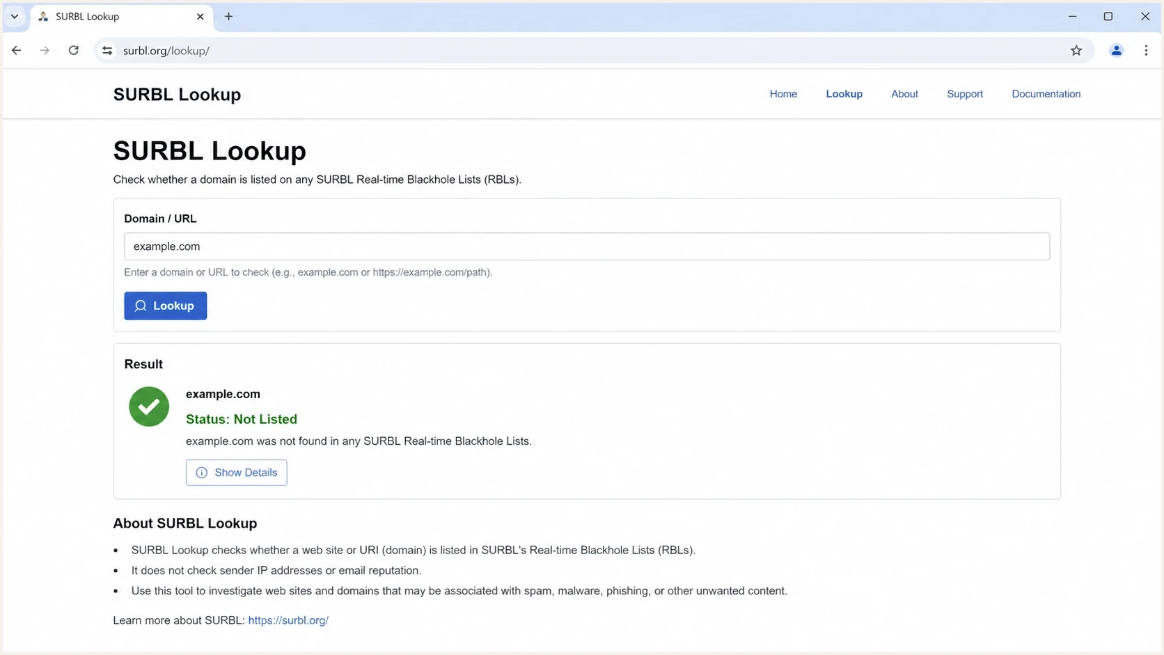 SURBL Lookup page for checking URL and domain reputation.