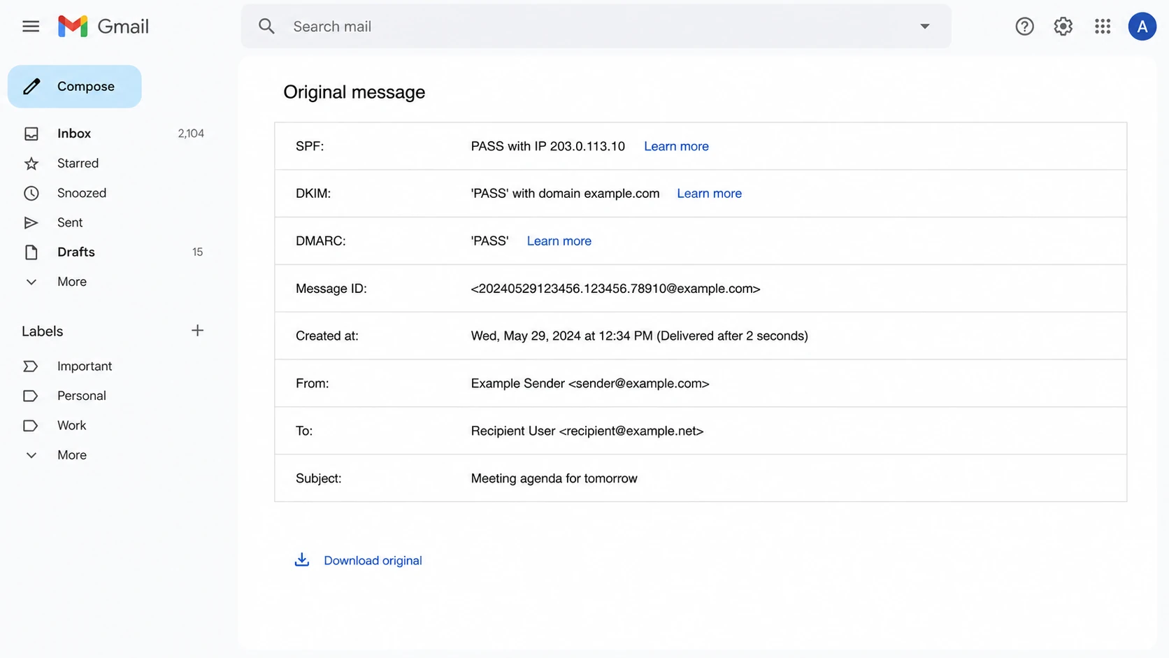 Gmail Show original view with authentication results and raw message details.