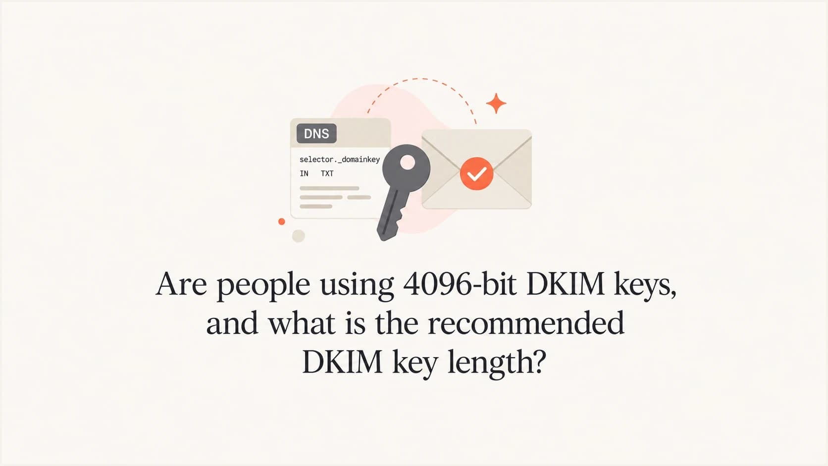 A DKIM key length article thumbnail with a signed envelope, DNS tag, and key.