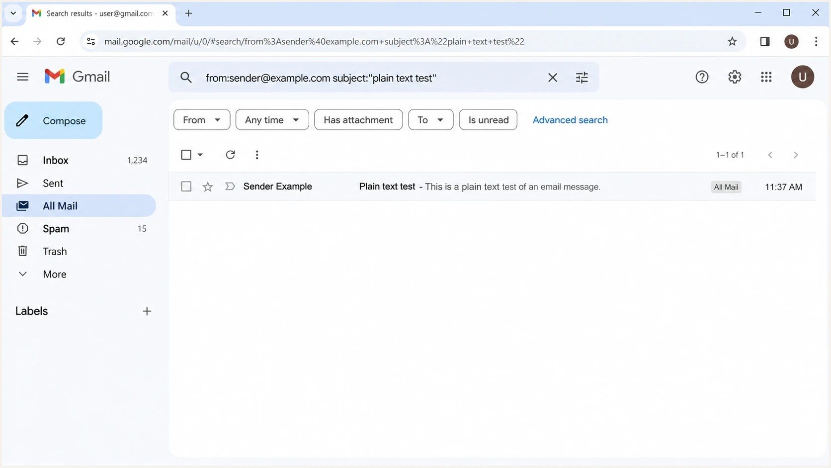 A Gmail search screen checking All Mail for a missing message.