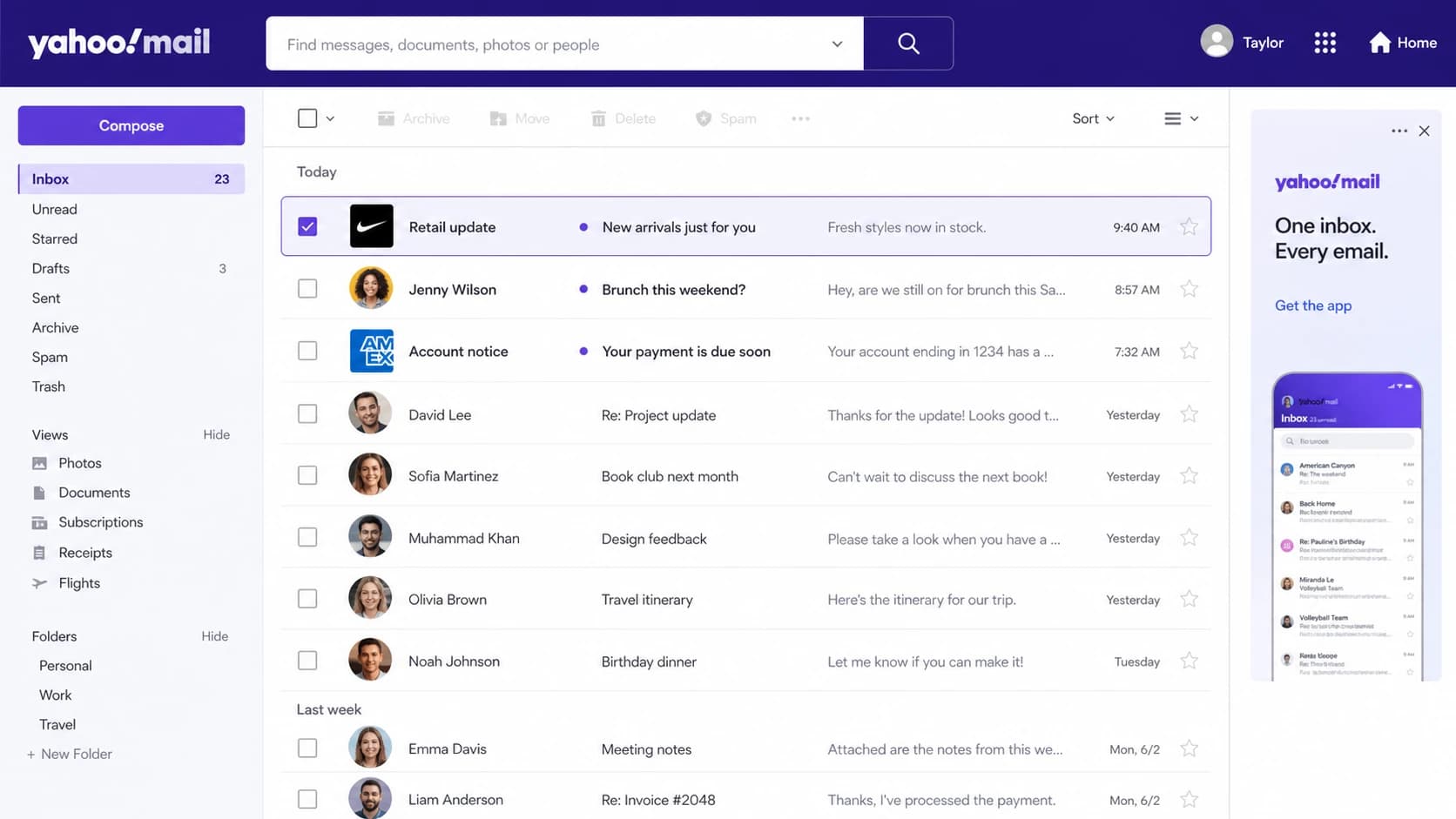 Yahoo Mail inbox screenshot showing where BIMI logos can appear beside senders.