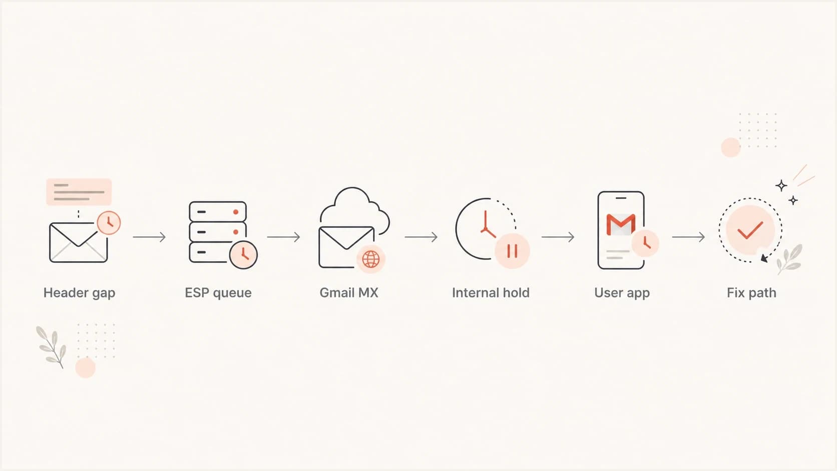 Flowchart for diagnosing Gmail delivery delay from message headers.