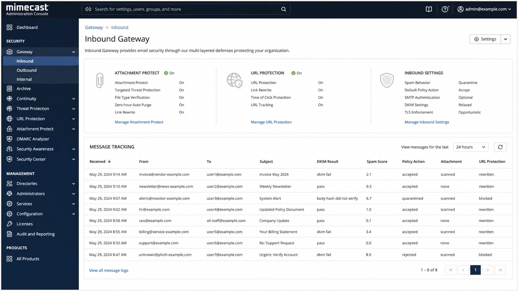 Mimecast Administration Console screenshot showing inbound policy and DKIM result areas.