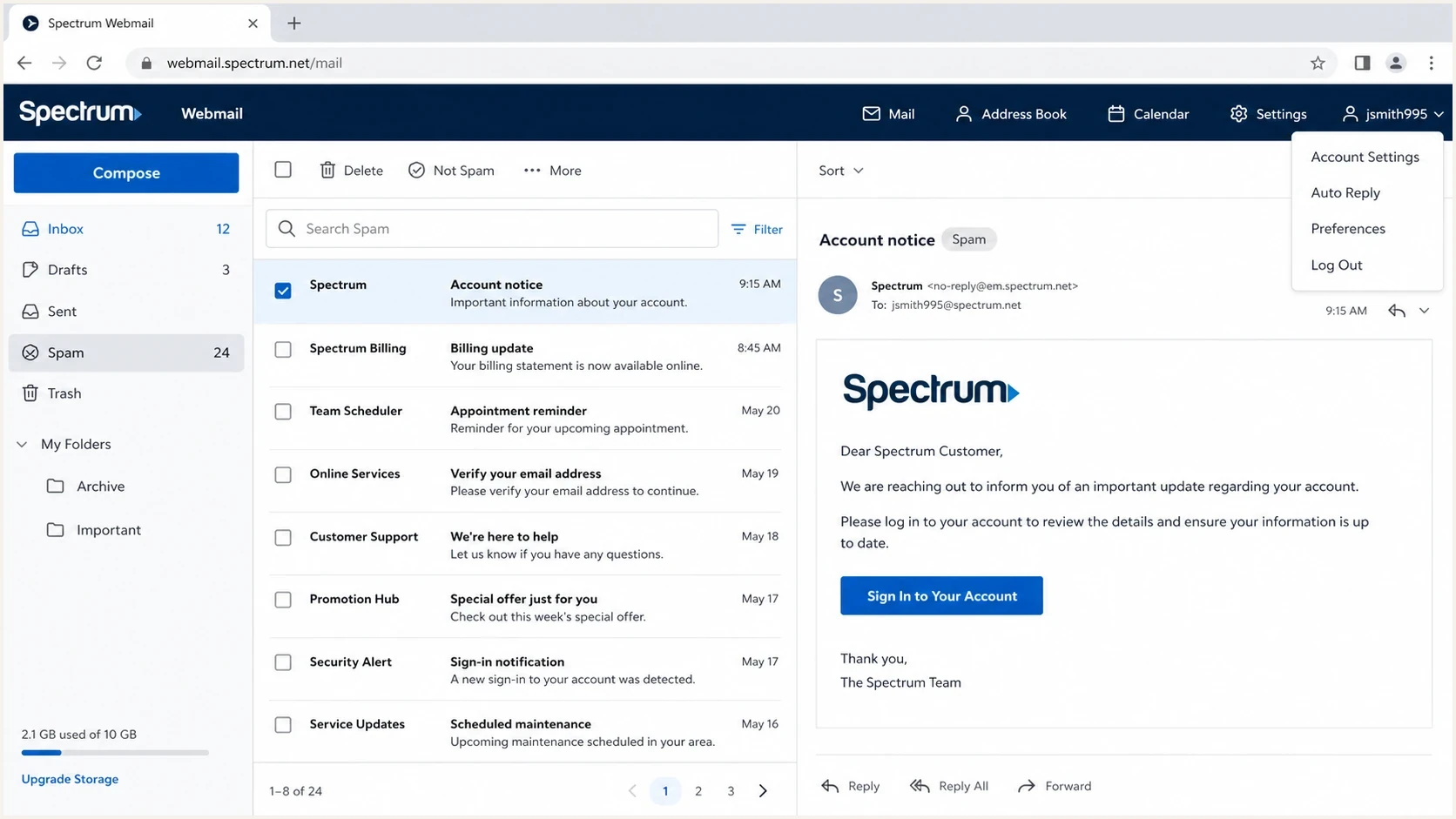 Spectrum Webmail inbox for checking spam, junk, filters, storage, and mailbox-side delivery issues.