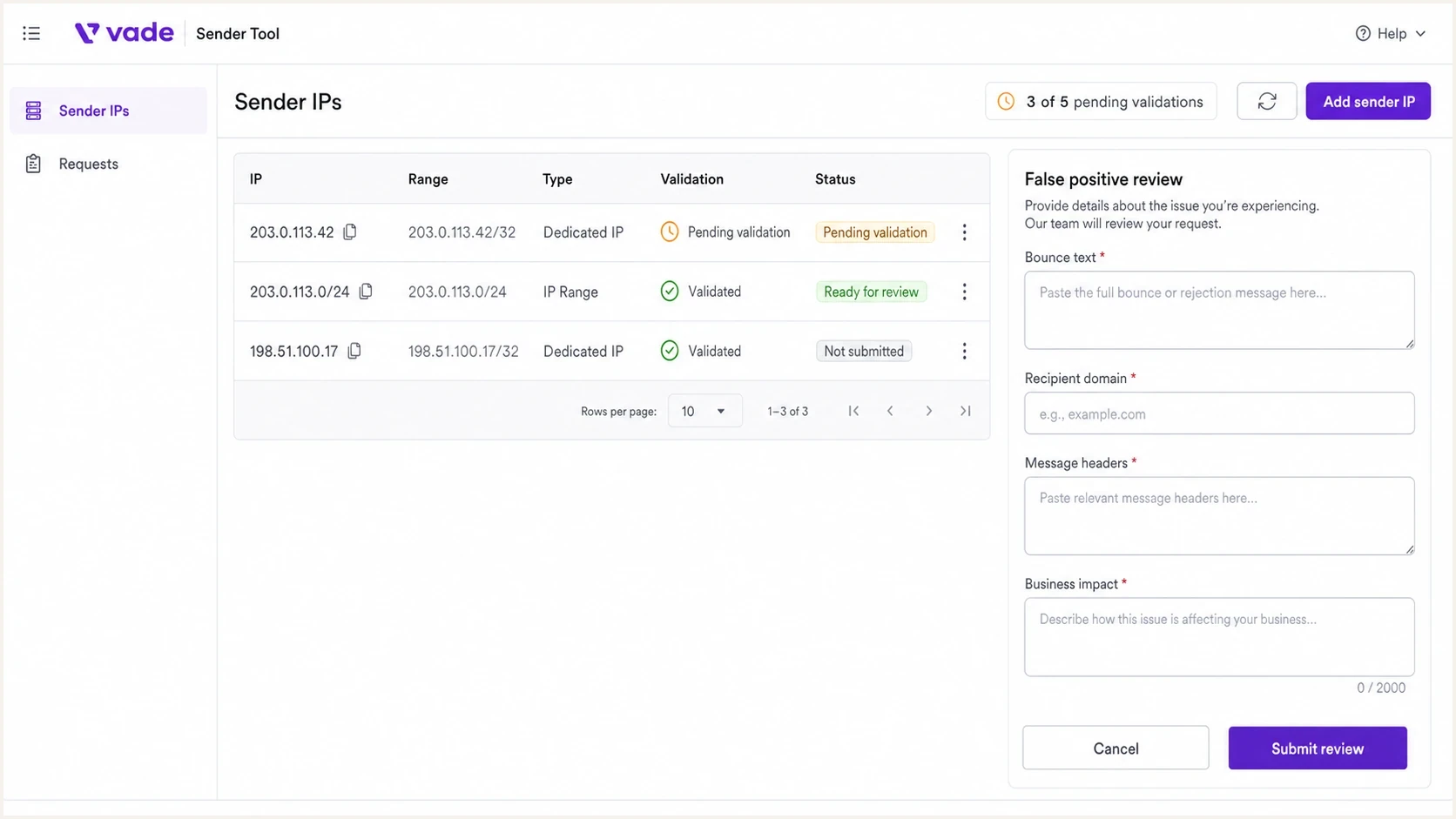 Vade Sender Tool screen showing IP validation and false positive review fields.