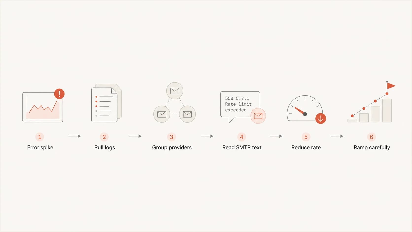 Email rate limit troubleshooting flowchart showing log review, provider grouping, SMTP text, throttling, and careful ramp-up.