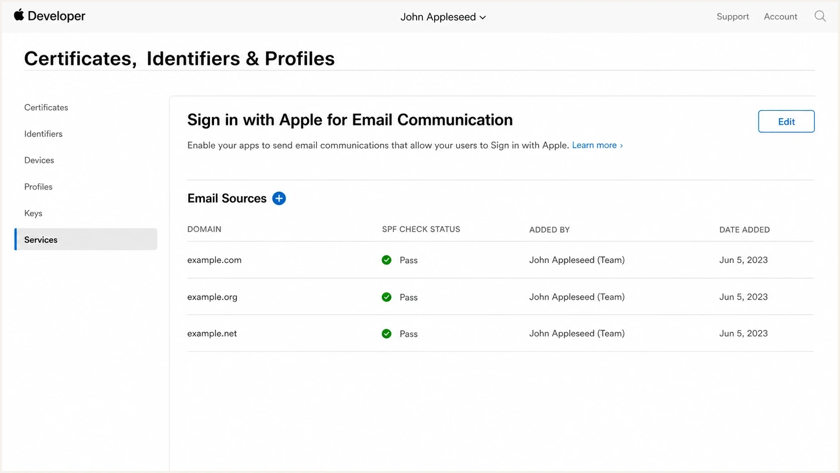Apple Developer account portal with Private Email Relay email sources